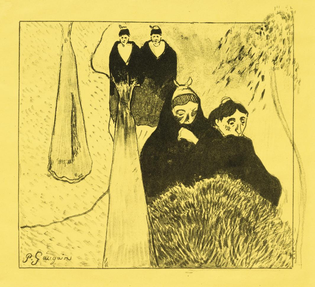 Black print on yellow paper showing four figures