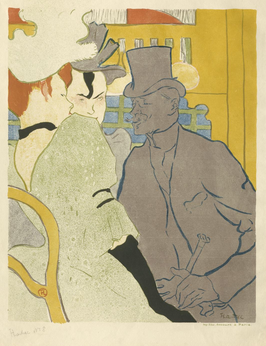 Color print of a man and two women in conversation