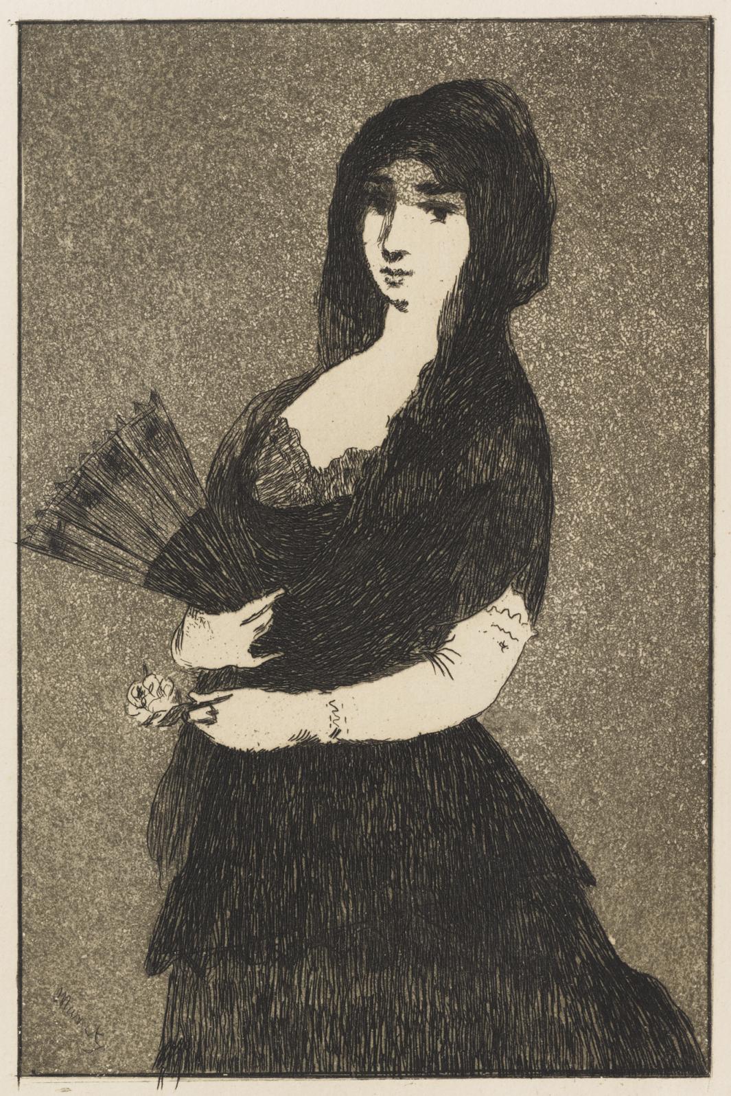 Print of woman dressed in black, wearing a mantilla and holding a fan