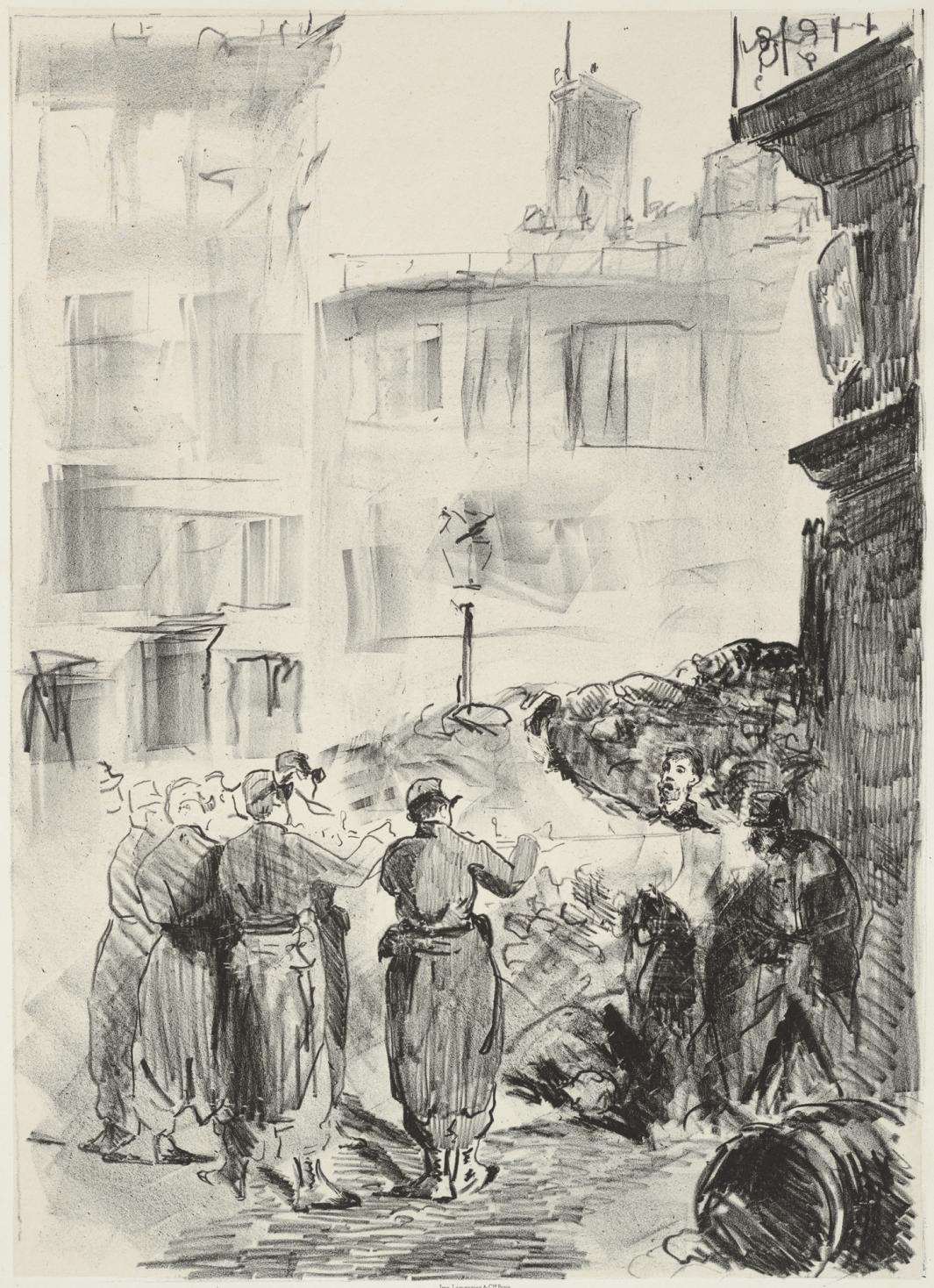 Print of men in uniform firing guns at men near a barricade in a city