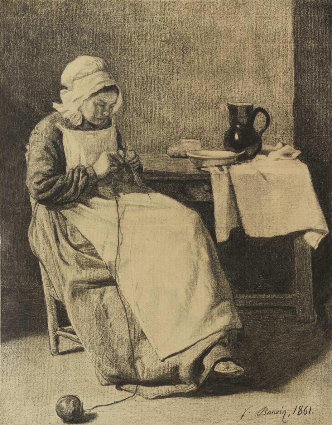 Charcoal and black chalk drawing of knitting woman seated by table