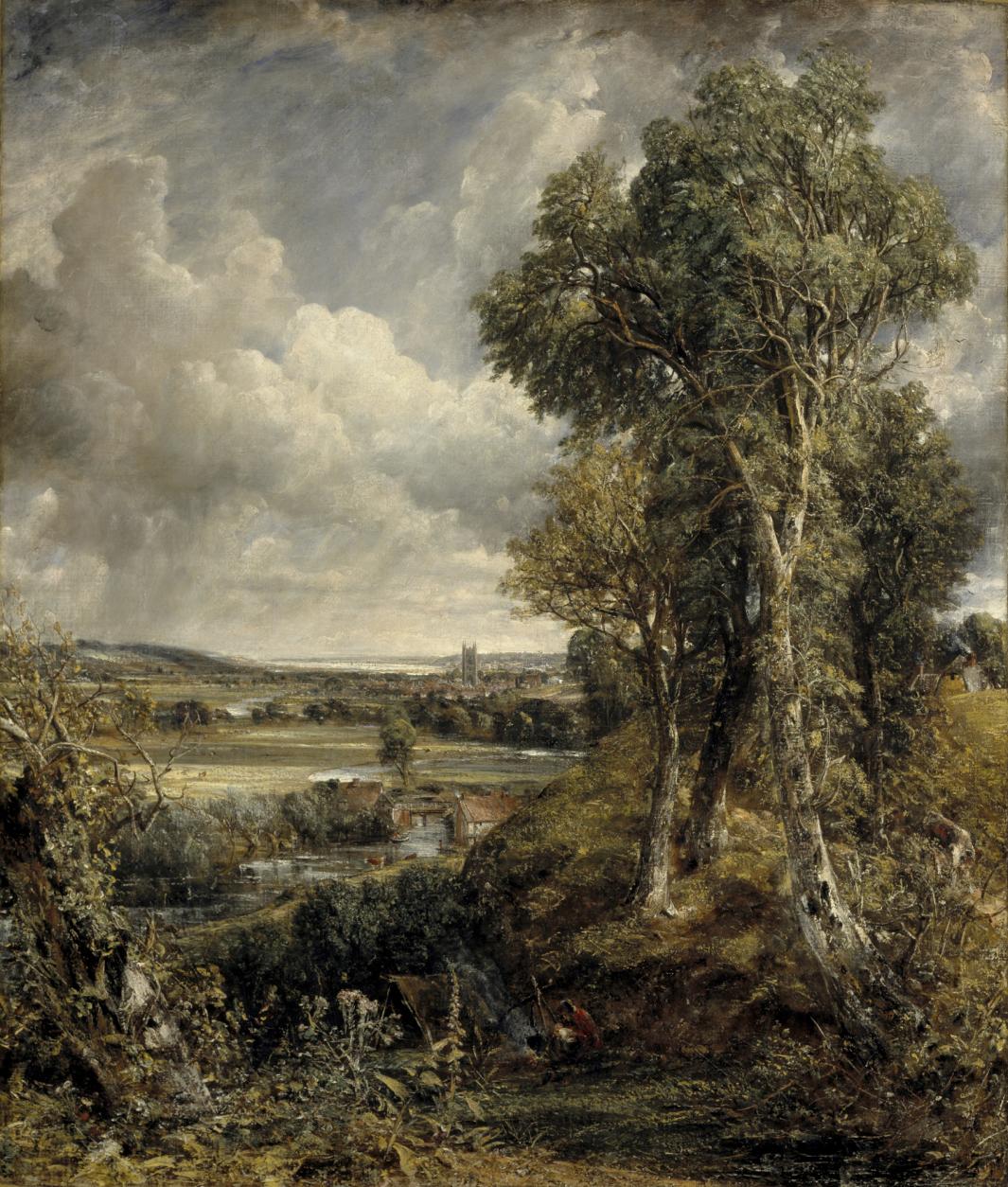 Oil painting of landscape with group of trees on right and town in distance 