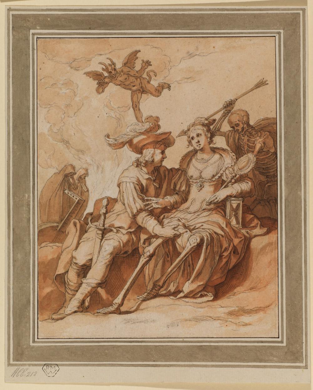 chalk and ink drawing of man and woman seated with skeleton and winged figure