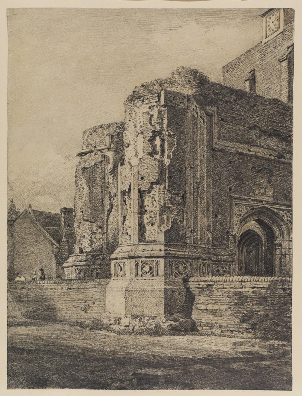 graphite drawing of church building in ruins