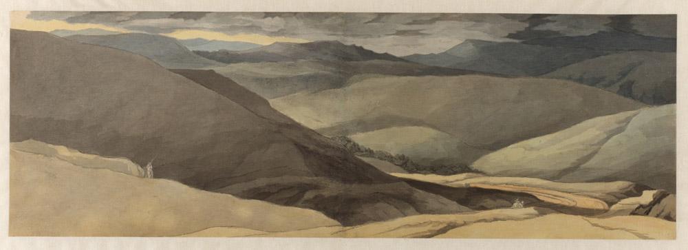watercolor, ink, and graphite drawing of landscape with large hills