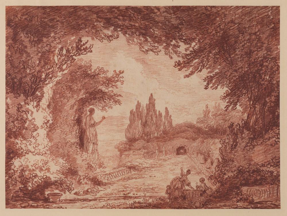 red chalk drawing of woman in tree-filled landscape