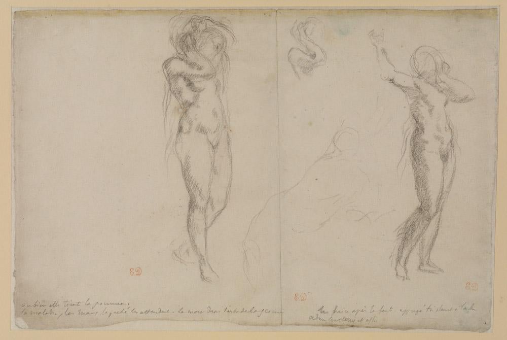 graphite drawing of standing female nude, drawn twice in different poses
