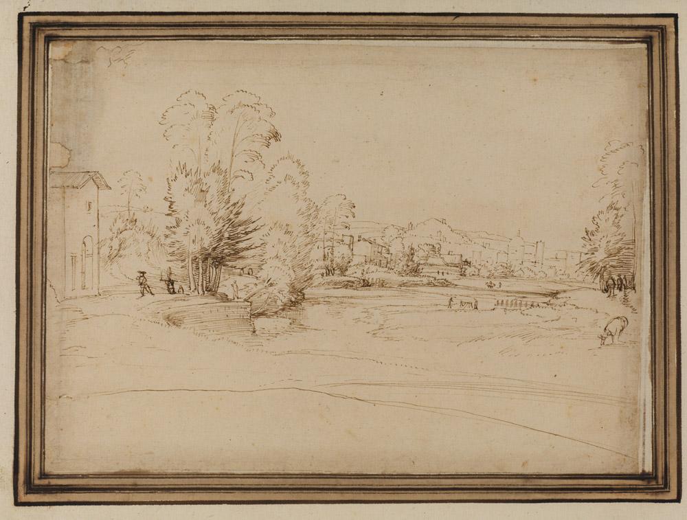 pen and ink drawing of landscape with small human figures in middle ground