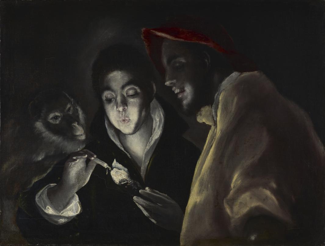 Oil painting of three figure around candle
