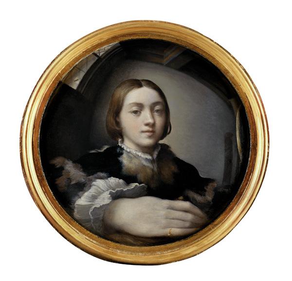 Circular painting of the artist as a young man reflected in a convex mirror