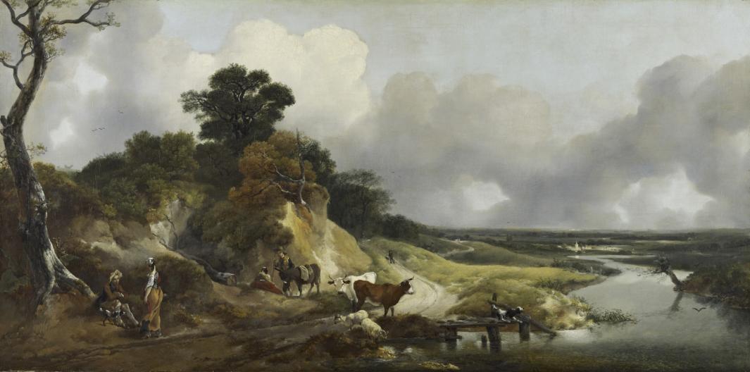 Oil painting of landscape with creek, cows, and figures