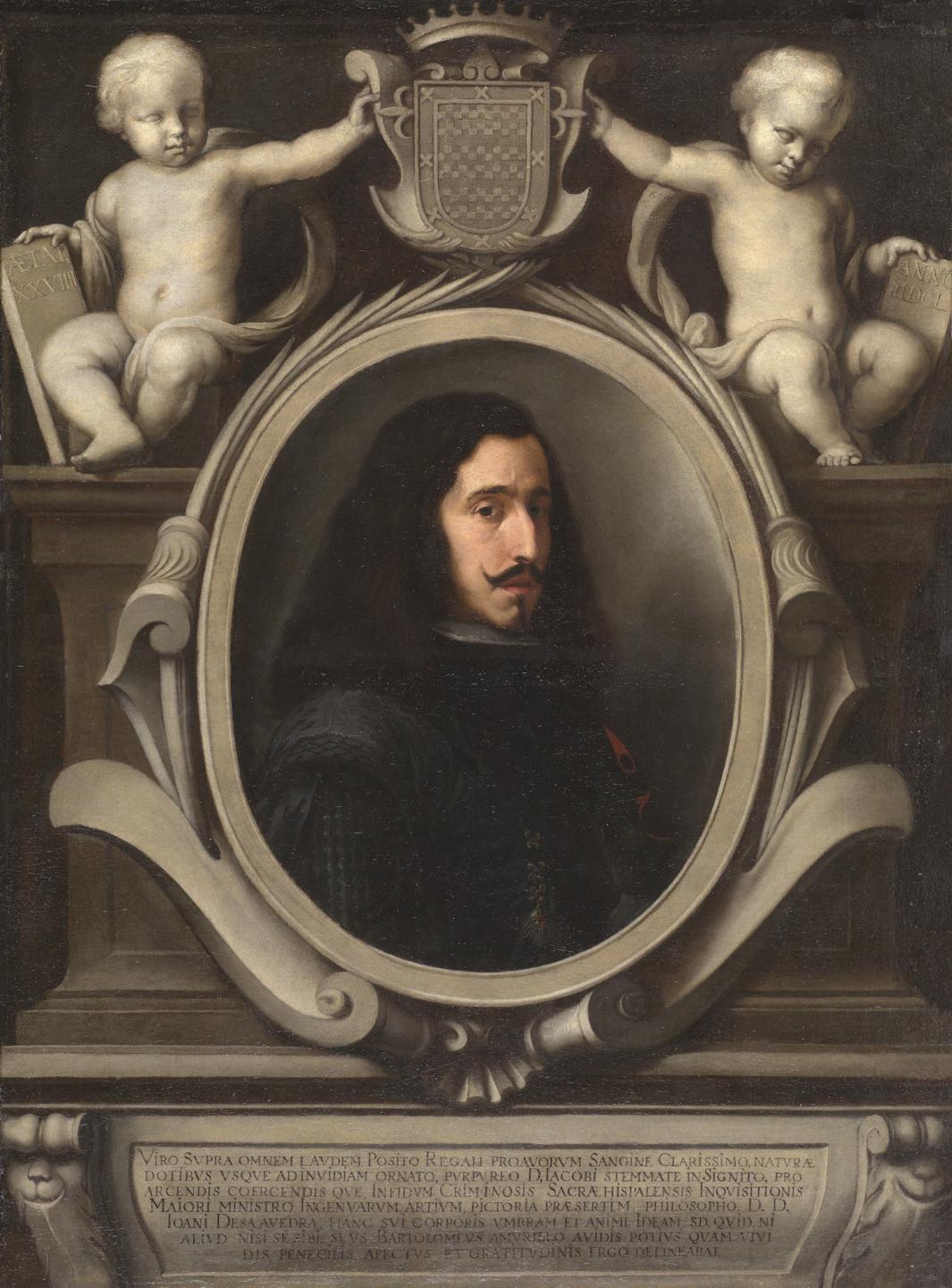 oil painting of oval-framed portrait of man with mustache with angels on either side