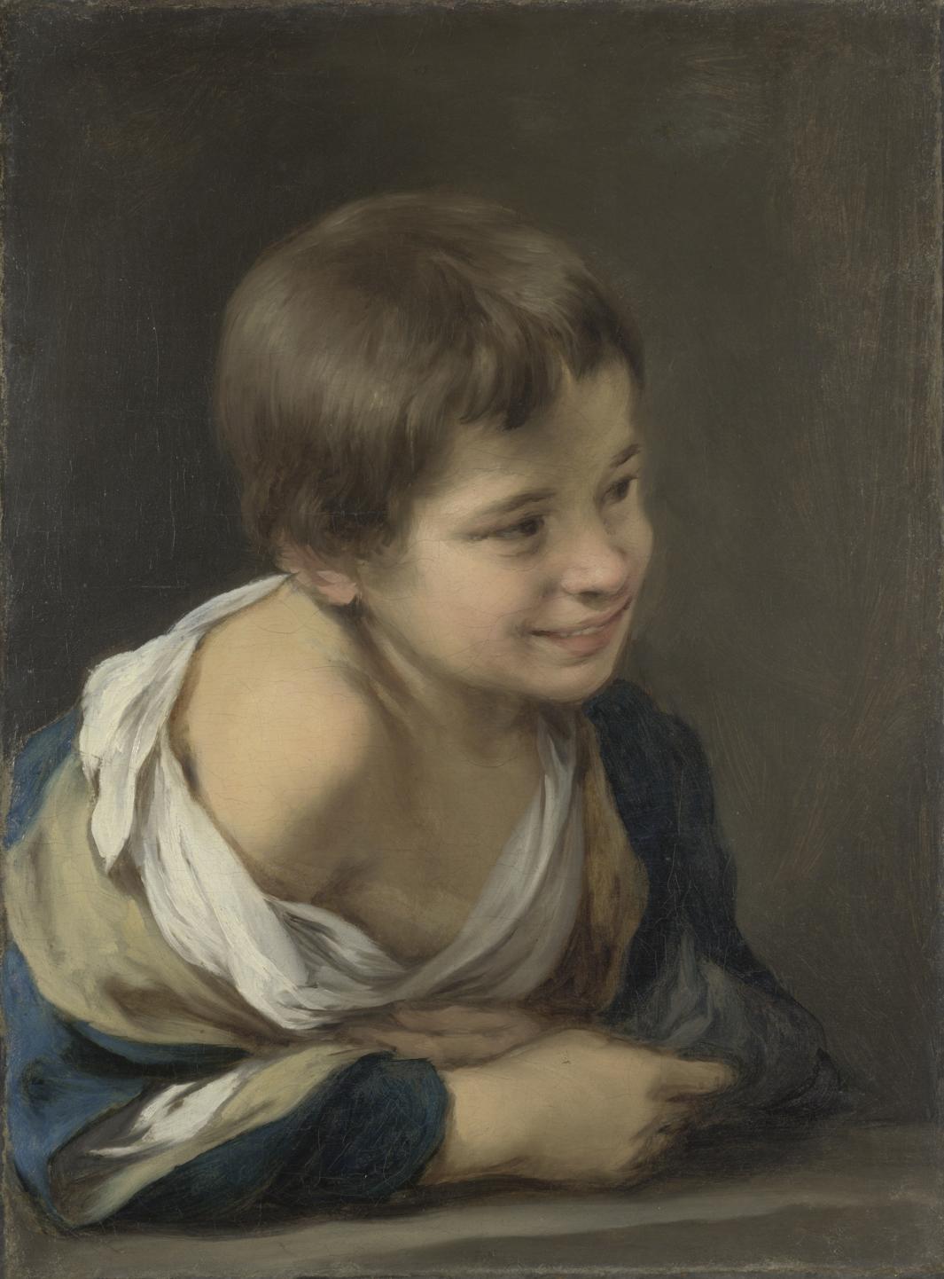 oil painting of smiling young boy leaning on sill 