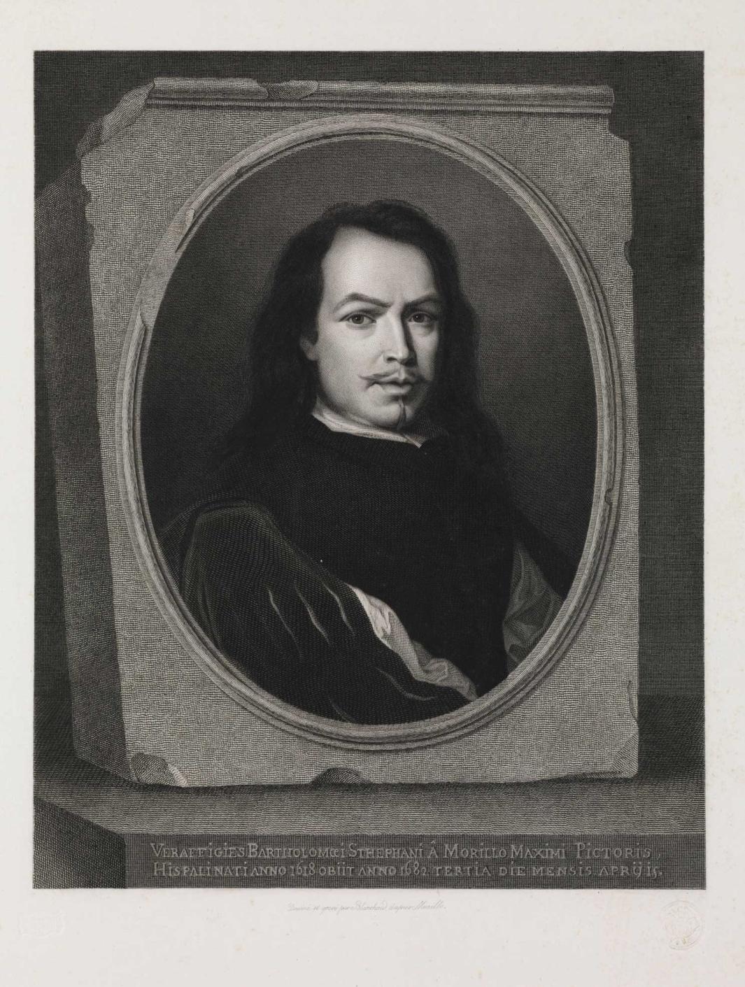 etching and engraving on paper of man with mustache and and long hair in oval frame