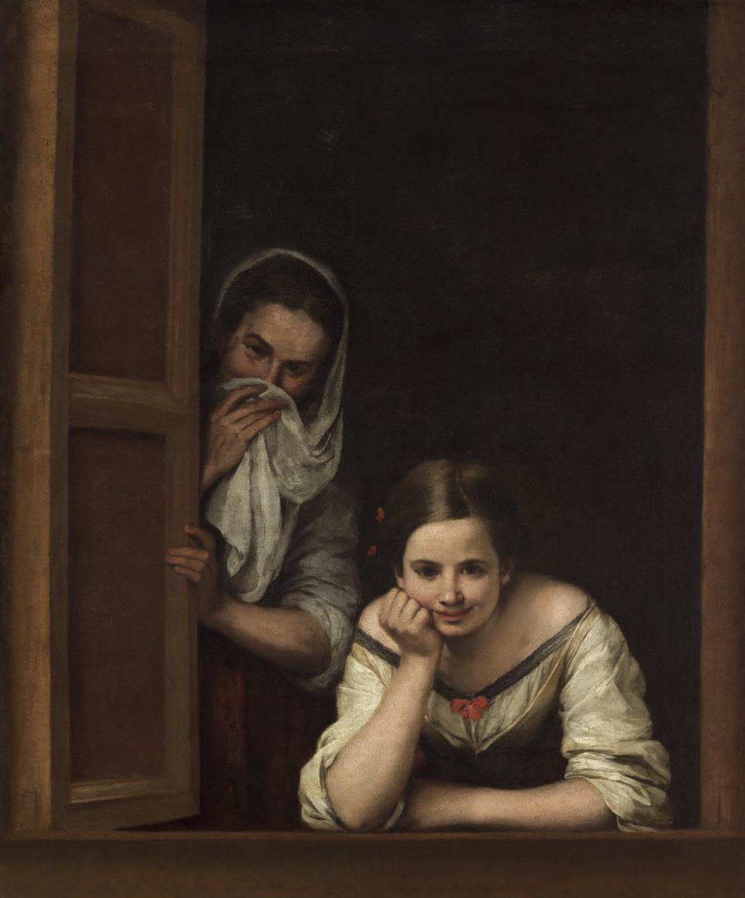 oil painting of younger woman leaning on window sill and older woman with cloth over mouth, both smiling