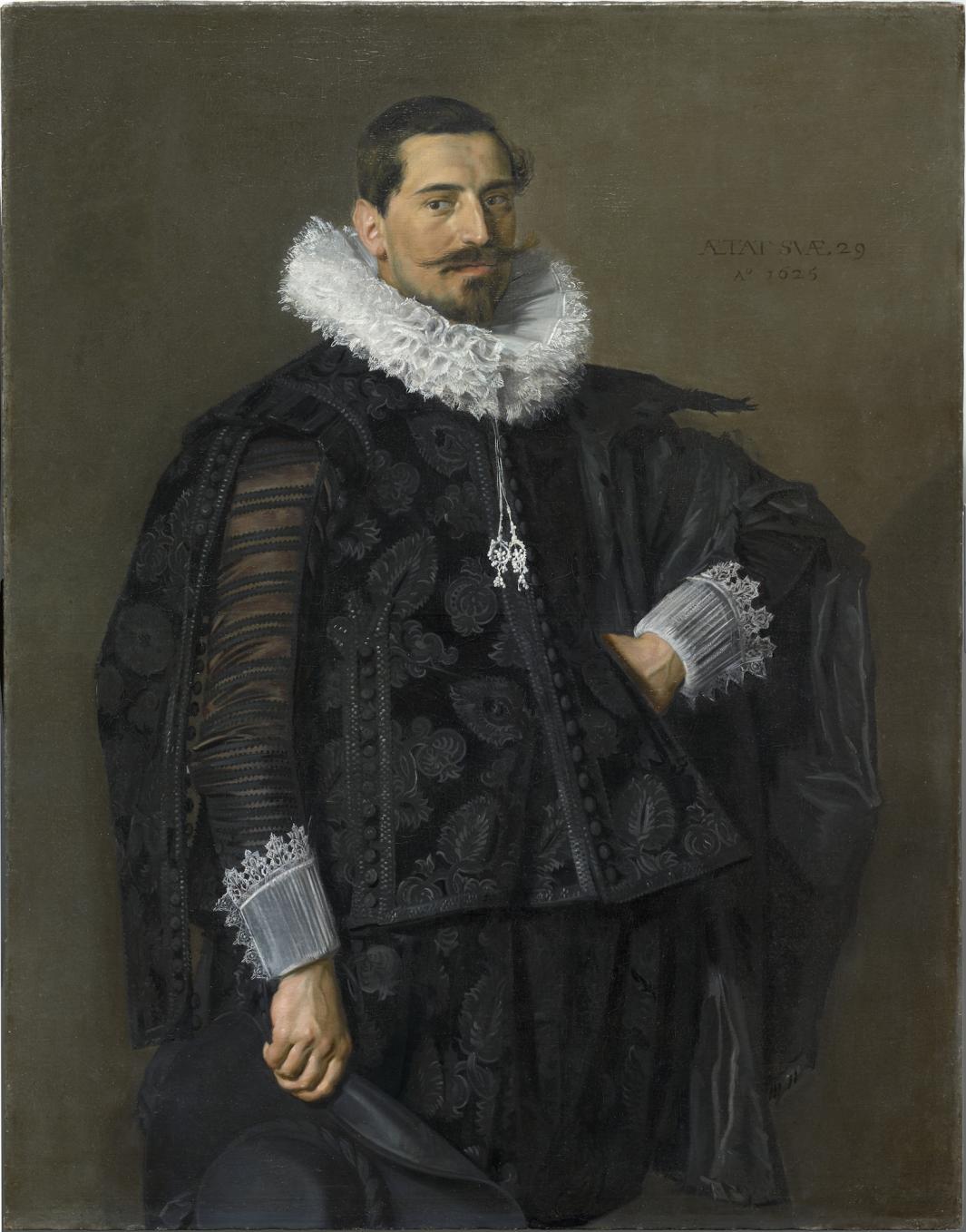 Painted portrait of a bearded man wearing black clothing with white lace cuffs and a white neck ruff.