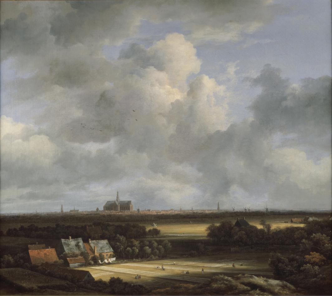 A landscape painting of sunlit yellow fields and various buildings. White clouds fill the sky. 