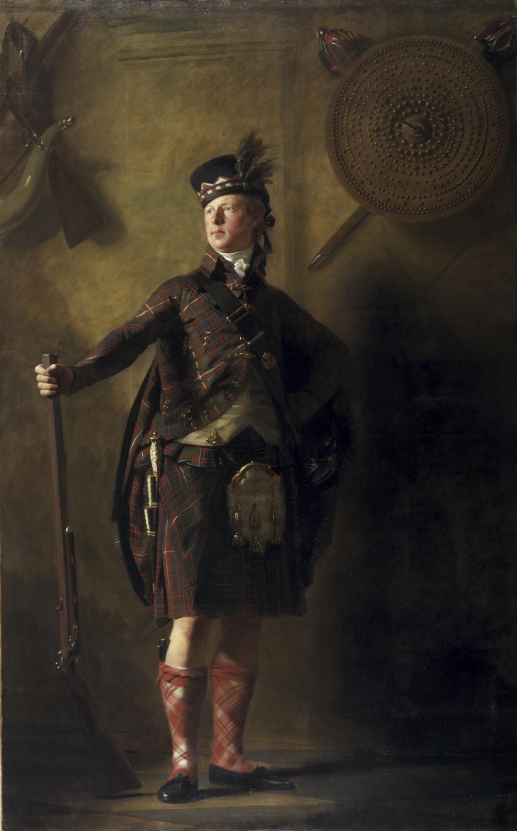 Oil painting of standing man wearing kilt 