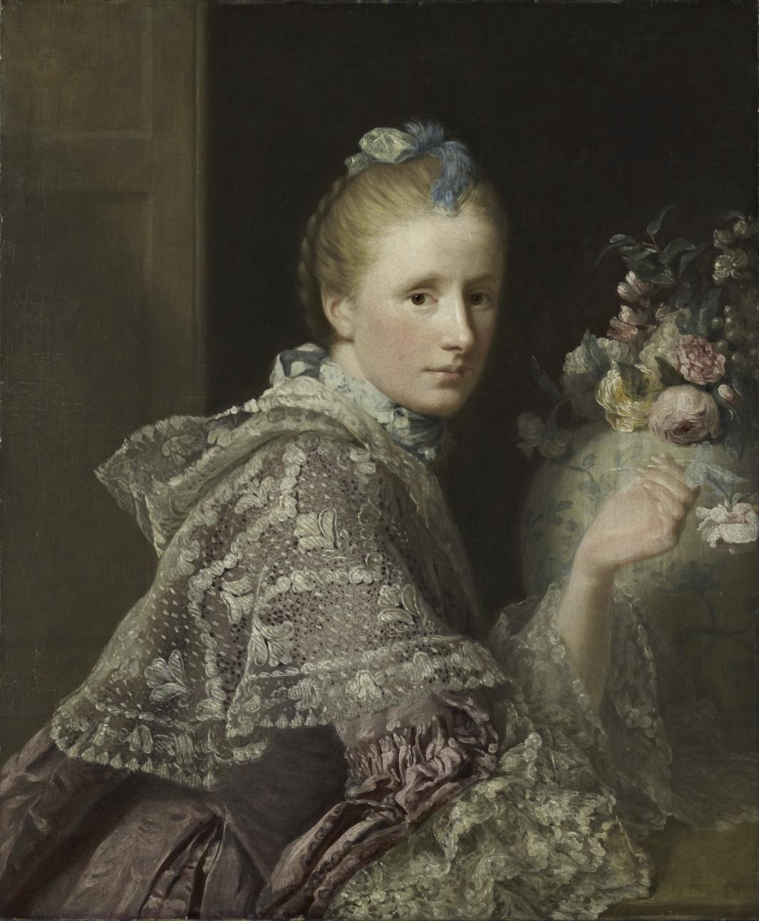 Oil painting of woman looking over right should with vase of flowers in background