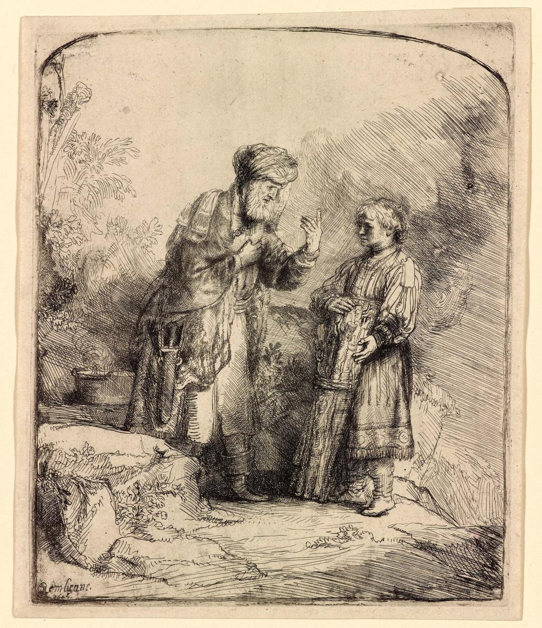 Rembrandt etching depicting biblical scene where Abraham is speaking to Isaac