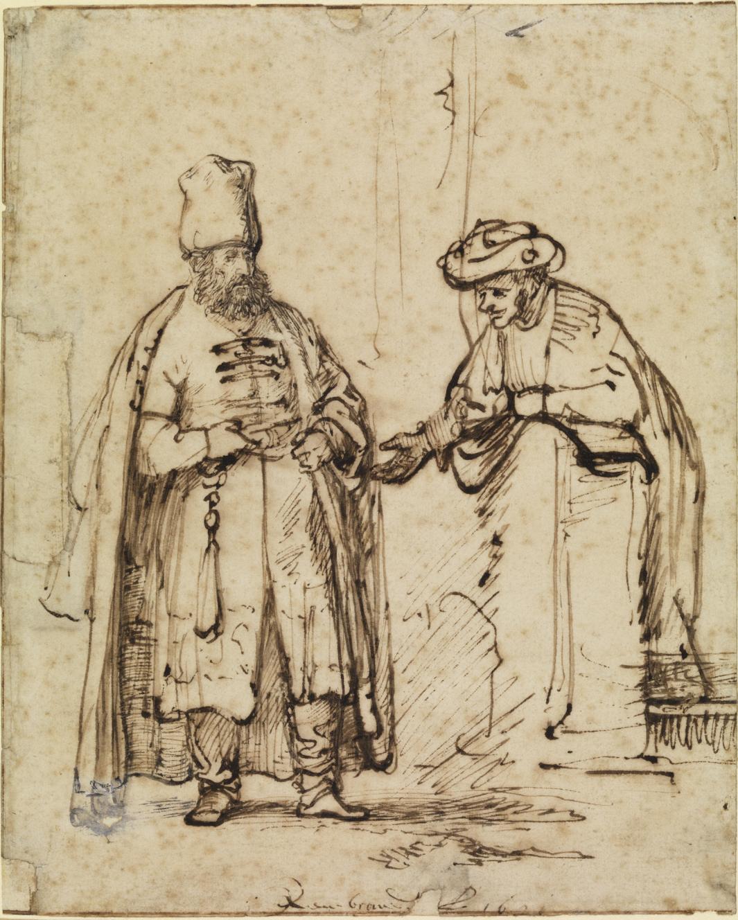 black ink drawing of two men in hats, one gesturing with hand