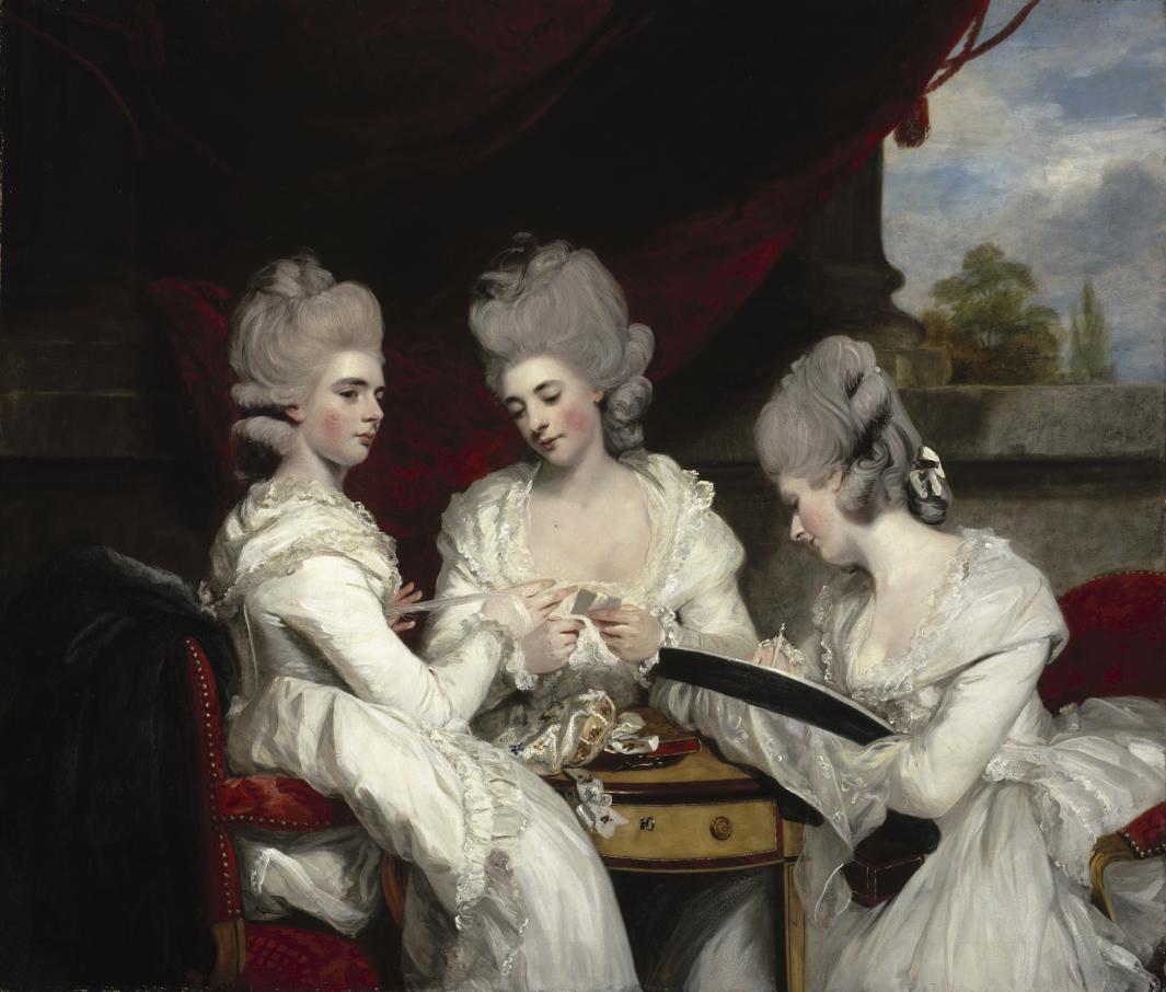 Oil painting of three women in white gathered around table with red curtain in background