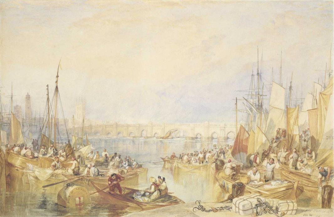 watercolor depicting busy harbor scene with London bridge in background
