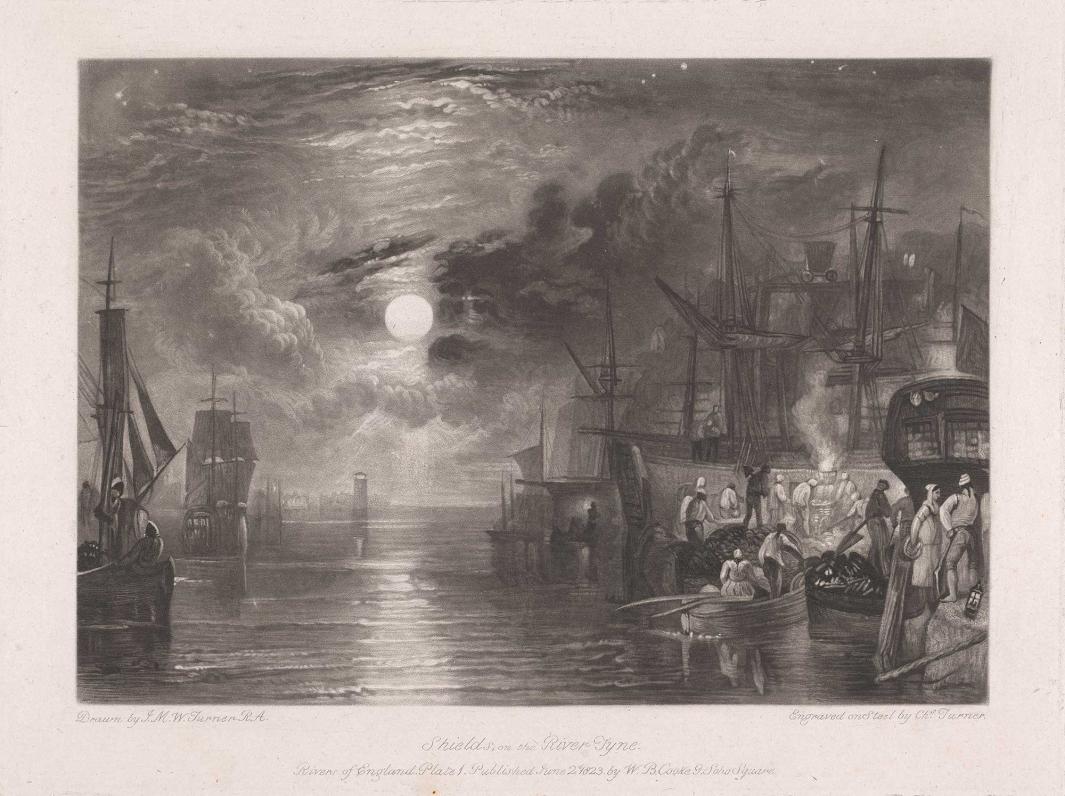 print displaying night scene of boats docked in harbor under full moon