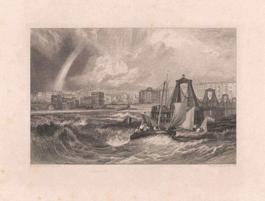 print of Turner painting, depicting boat of tumultuous water, with city and bridge in view