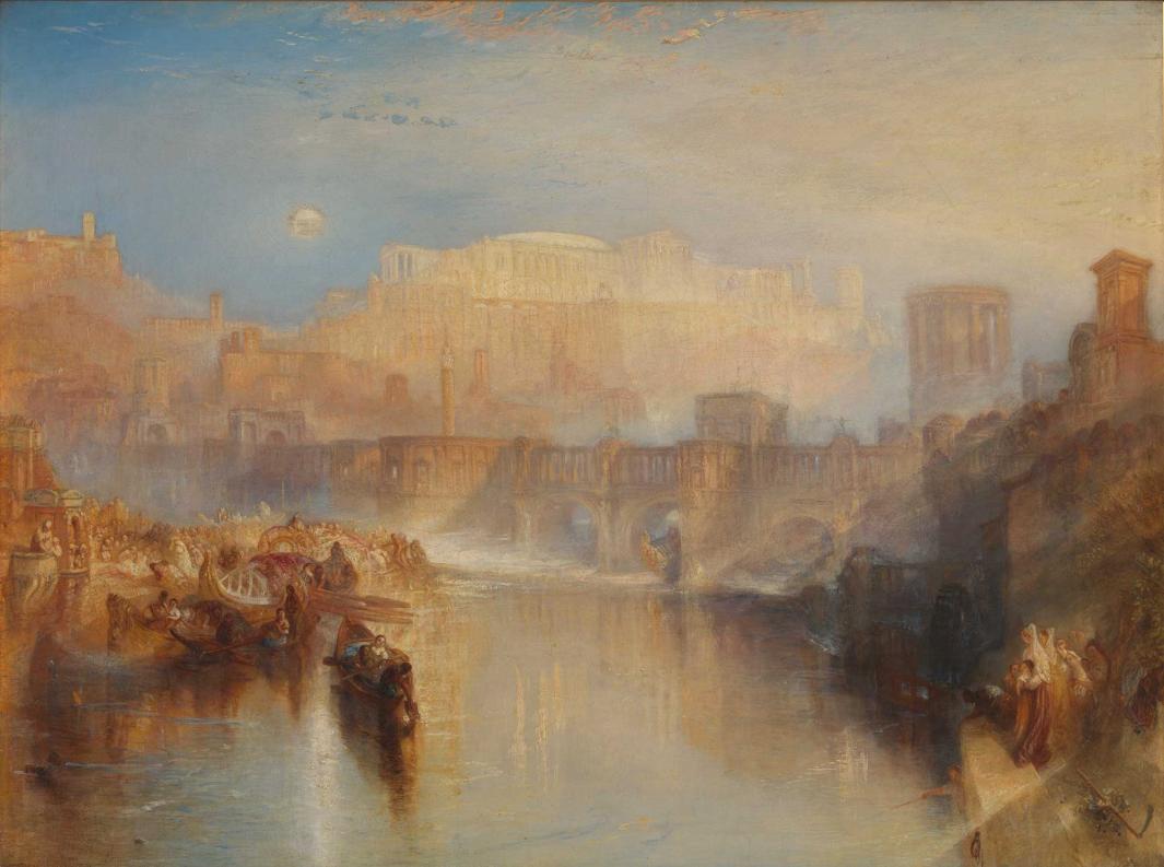 oil painting depicting ancient Rome harbor and bridge at center