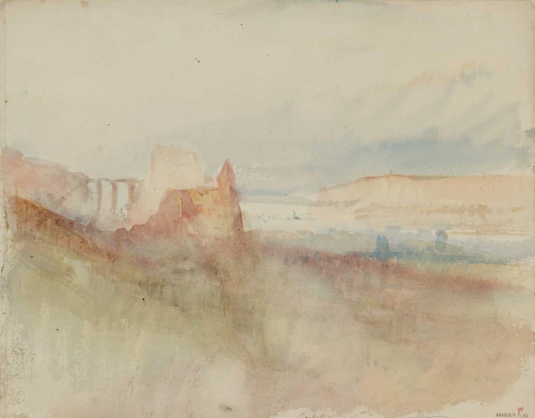 watercolor of chateau on river 