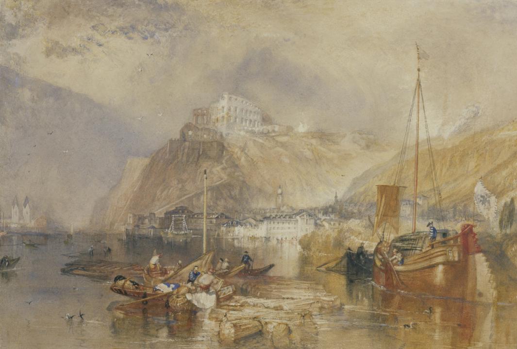 watercolor depicting boats in harbor with city in background