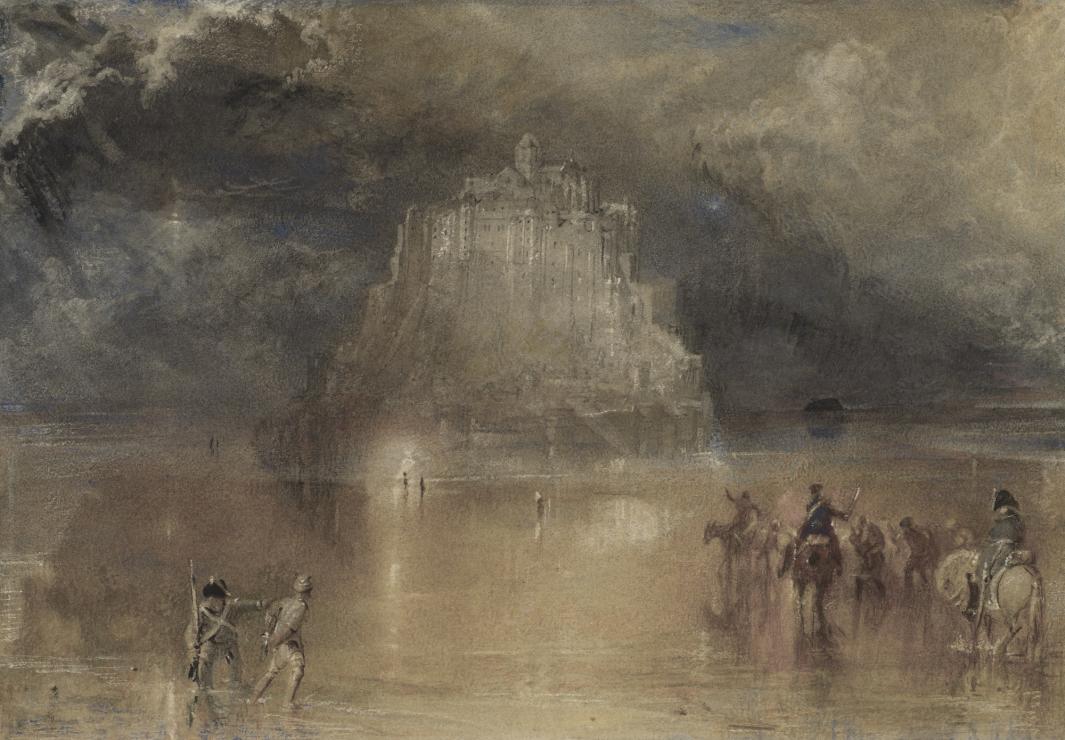 watercolor of calvary moving towards castle in center of dark, ominous clouds