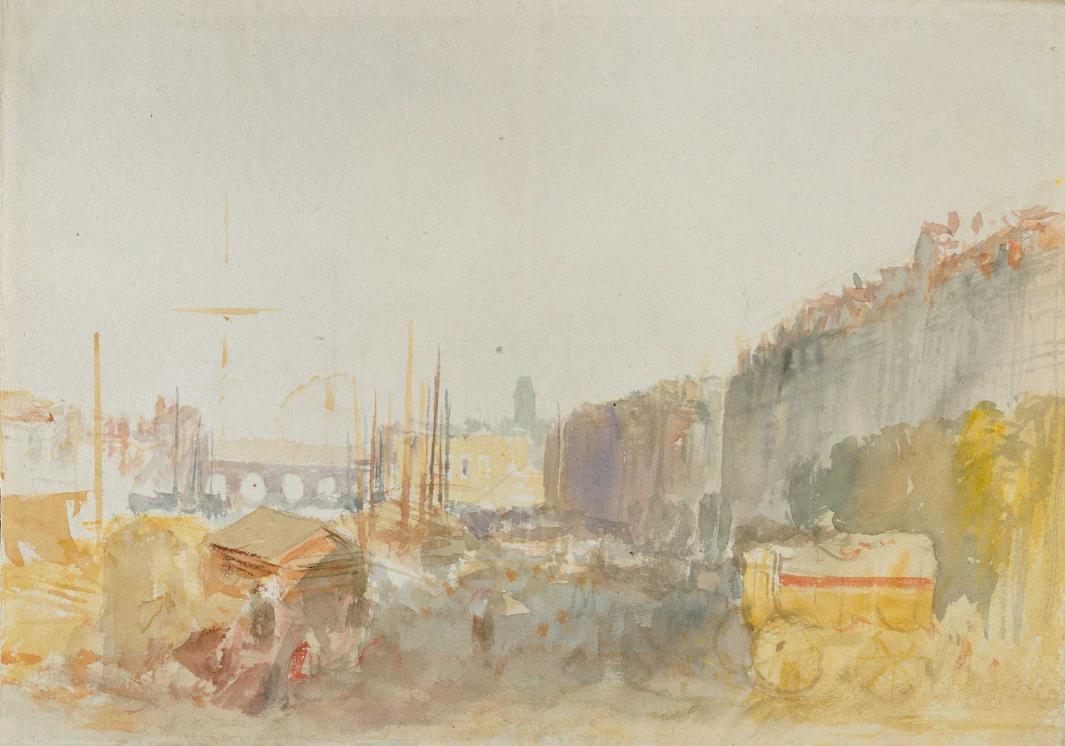 graphite and watercolor depiction of land alongside river, populated with carriages and people