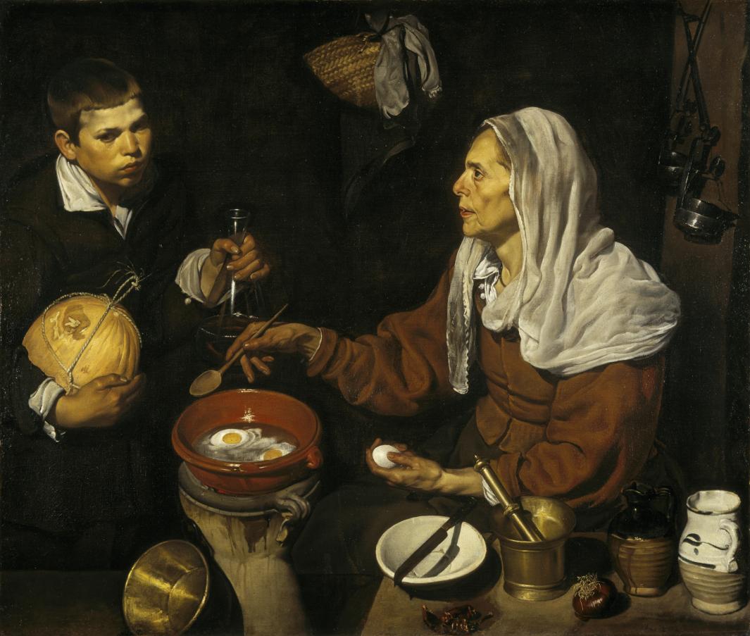 Oil painting of interior with boy on left and woman on right cooking eggs