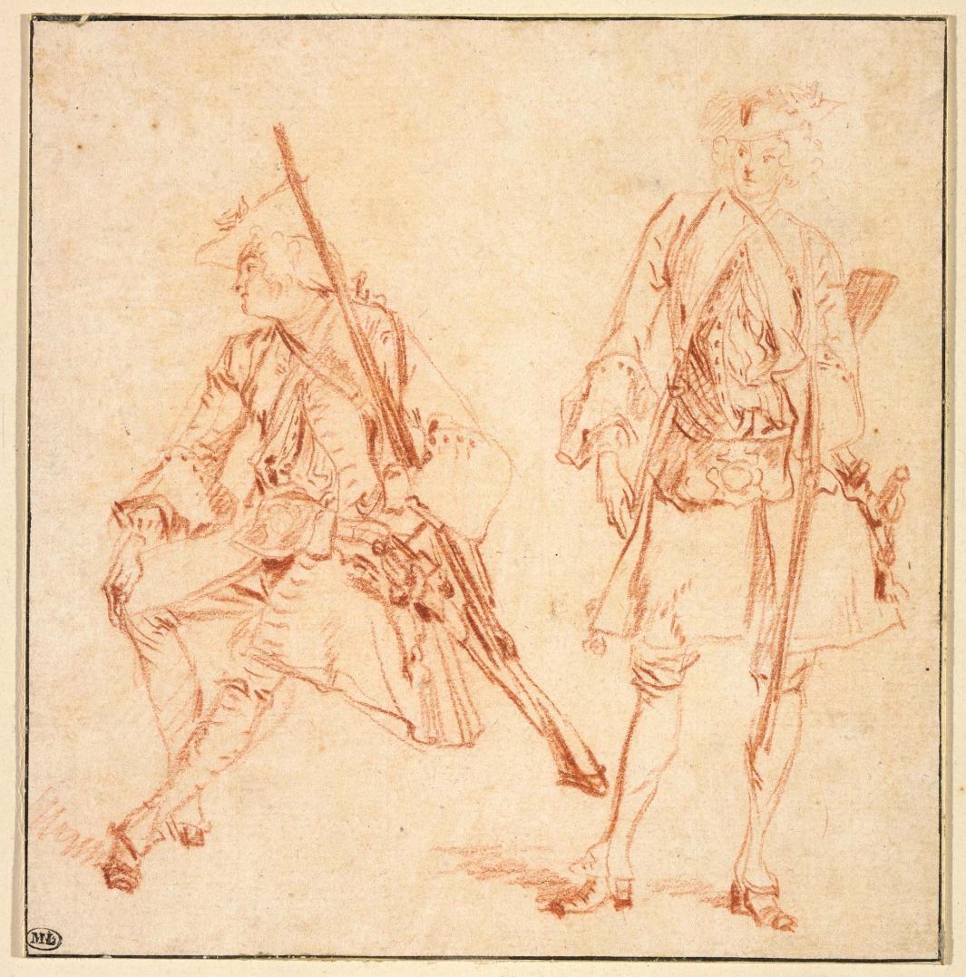 two studies of a soldier, one seated, the other standing