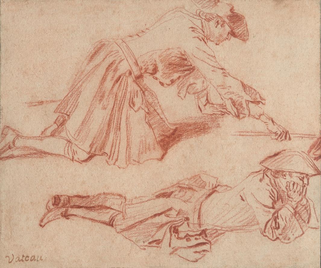 two sketches of a soldier, one kneeling, the other lying down