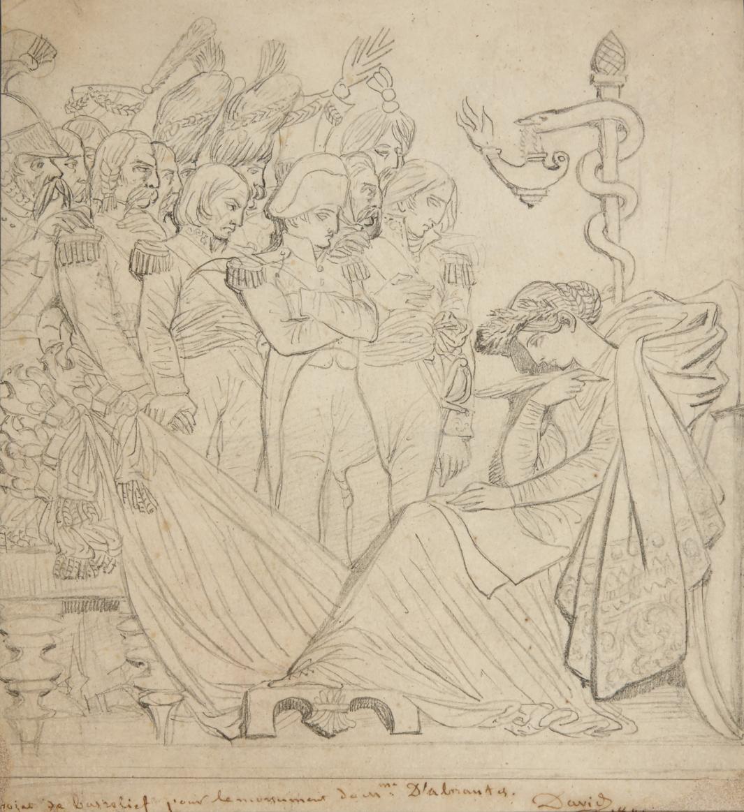 graphite drawing of seated woman wearing garland, with a company of men in European military uniform standing before her