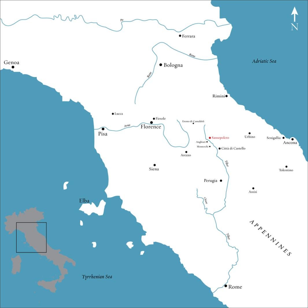 map of northern Italy, land mass is white, with Adriatic Sea and Tyrrhenian Sea