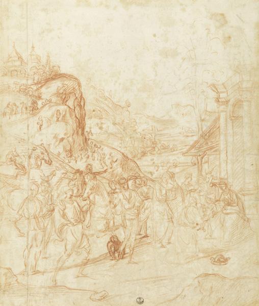 Drawing of the Adoration of the Magi in a landscape