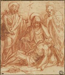 Drawing of the Madonna with the dead Christ on the ground and two saints on either side