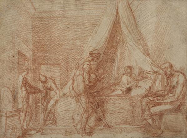 Drawing of a scene of the birth of St. John the Baptist in a bedroom