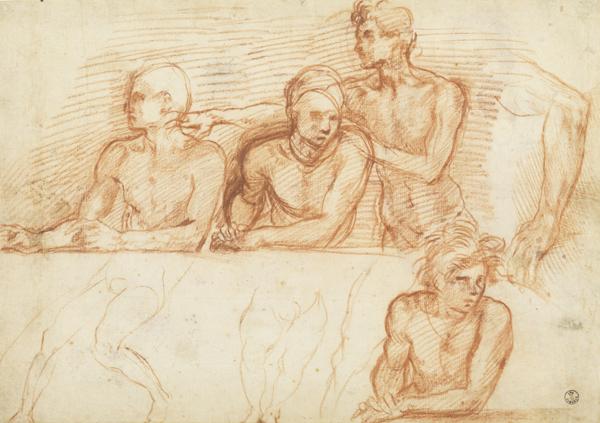 Drawing of unclothed male figures seated and standing behind a table