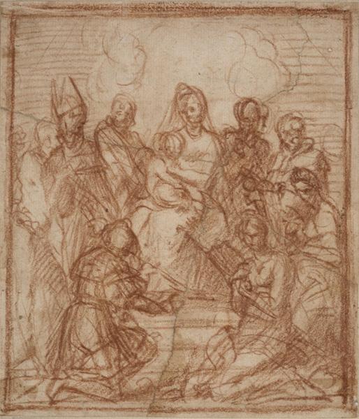 Drawing of a composition of the Madonna and child surrounded by kneeling and standing saints