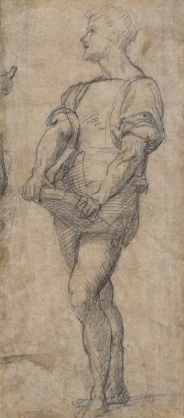 Drawing of a standing young man holding a book
