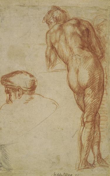 Drawing of a standing male nude figure looking to the left and a separate drawing of his head