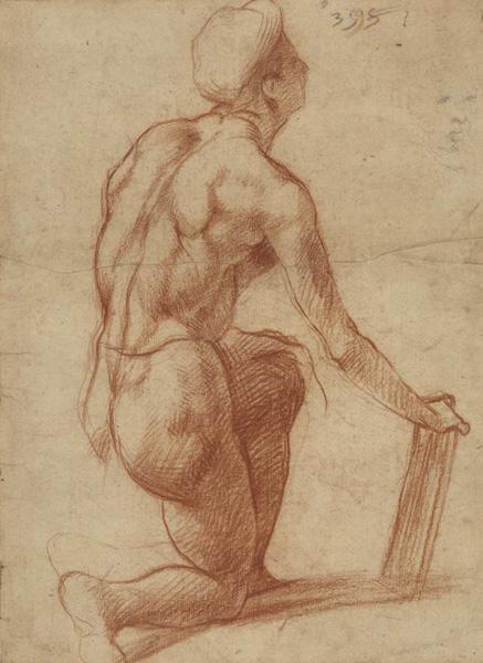 Drawing of a kneeling unclothed male figure looking to the right 