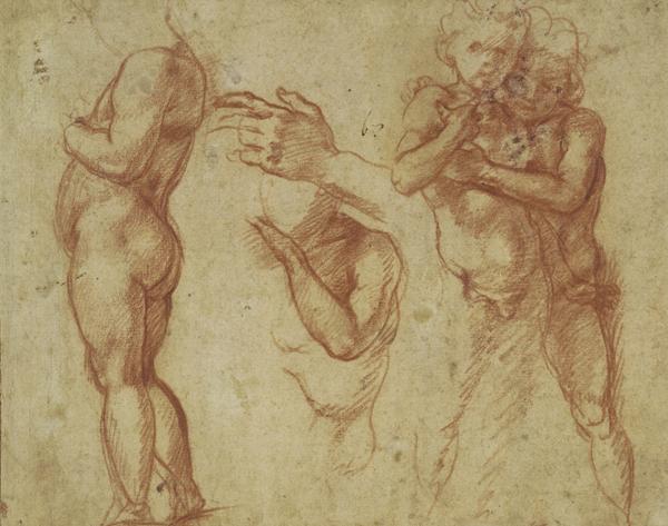 three red chalk studies showing four partial figures of children and a left hand