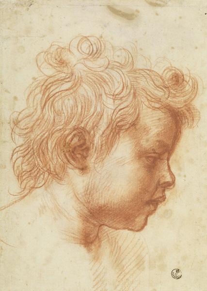 Drawing of the head of a child looking down and to the right