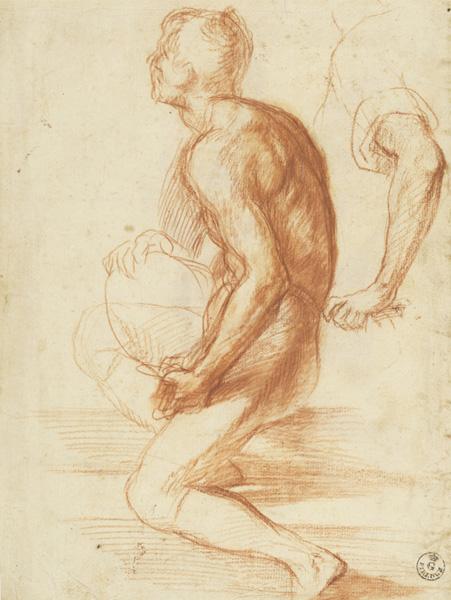 Drawing of a kneeling figure in profile to the left with a separate study of his arm